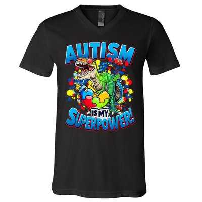 Autism Is My Superpower Dinosaur Autism Awareness 2025 V-Neck T-Shirt