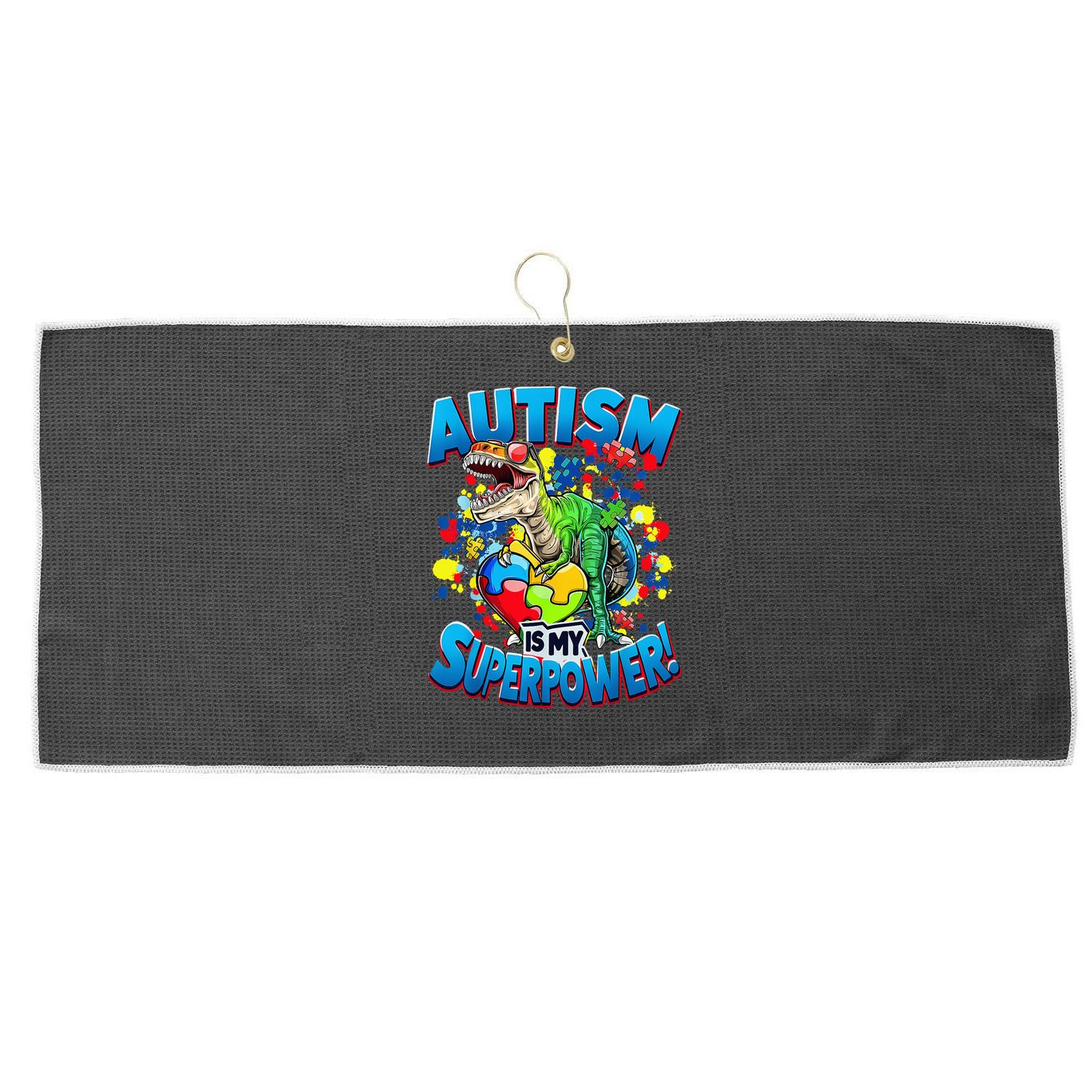 Autism Is My Superpower Dinosaur Autism Awareness 2025 Large Microfiber Waffle Golf Towel