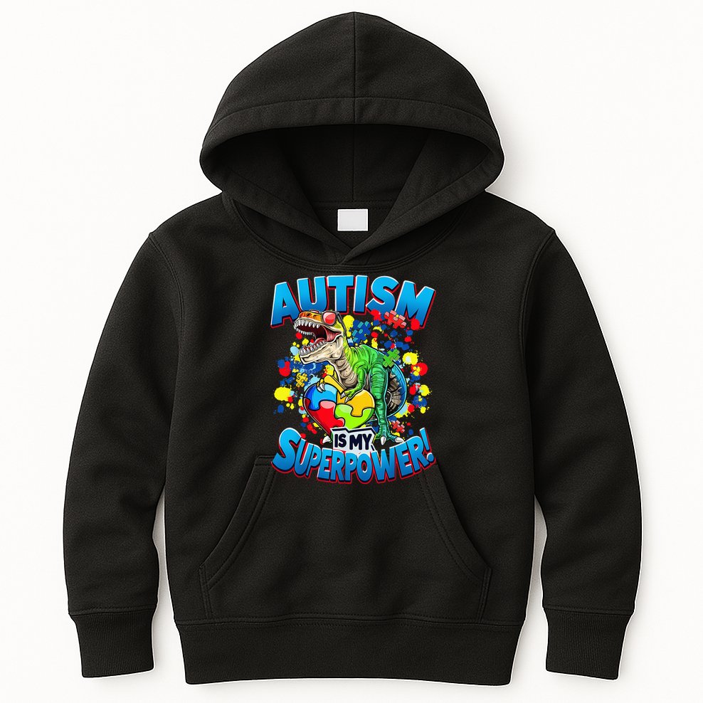 Autism Is My Superpower Dinosaur Autism Awareness 2025 Kids Hoodie