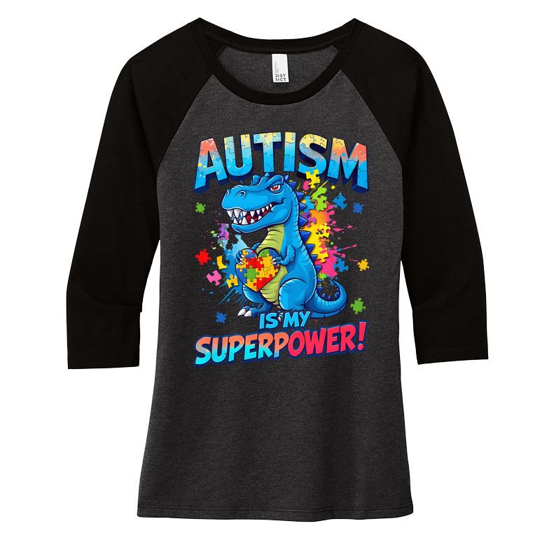 Autism Is My Superpower Dinosaur Autism Awareness Women's Tri-Blend 3/4-Sleeve Raglan Shirt