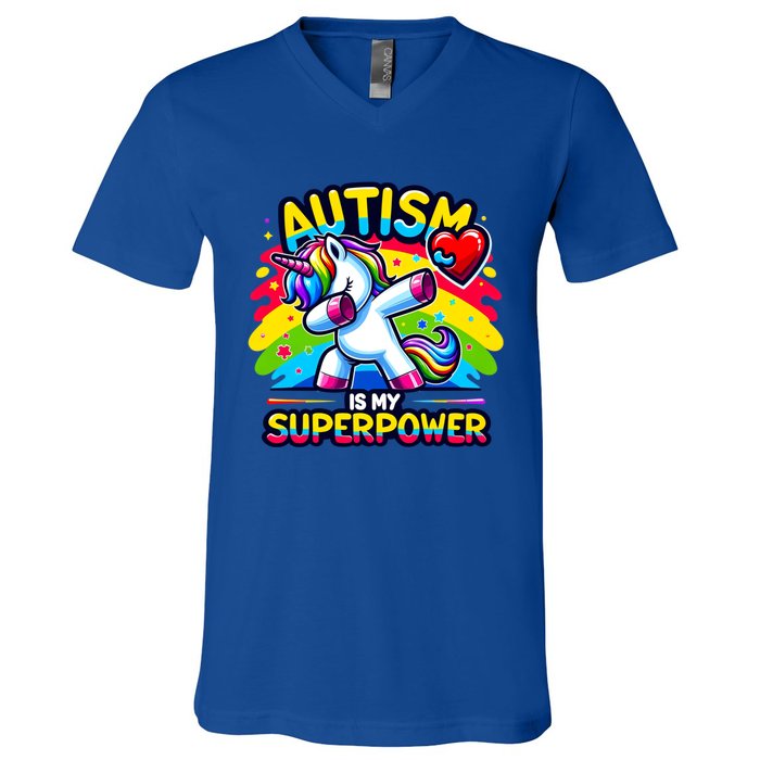 Autism Is My Superpower Dabbing Unicorn Autism Awareness Gift V-Neck T-Shirt