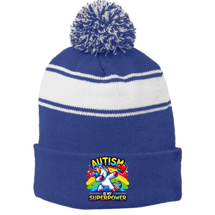 Autism Is My Superpower Dabbing Unicorn Autism Awareness Gift Stripe Pom Pom Beanie