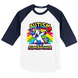 Autism Is My Superpower Dabbing Unicorn Autism Awareness Gift Baseball Sleeve Shirt