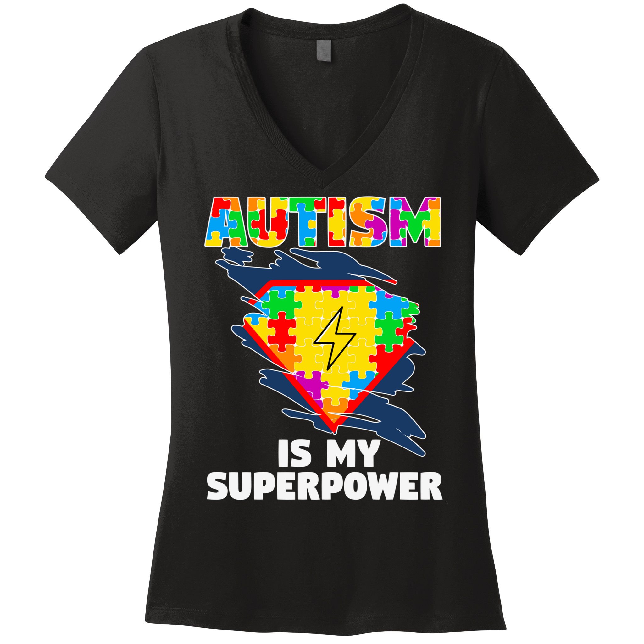 Autism Is My Super Power Superhero Gift Autism Awareness Funny Gift Women's V-Neck T-Shirt