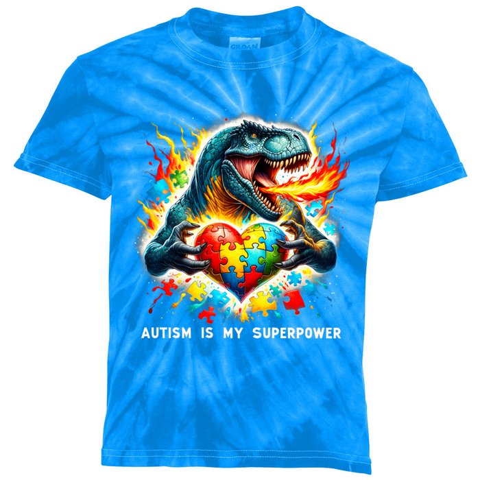 Autism Is My Superpower Puzzle Dinosaur Autism Awareness Great Gift Kids Tie-Dye T-Shirt