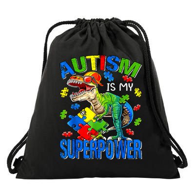 Autism Is My Superpower Autism Awareness Dinosaur Drawstring Bag