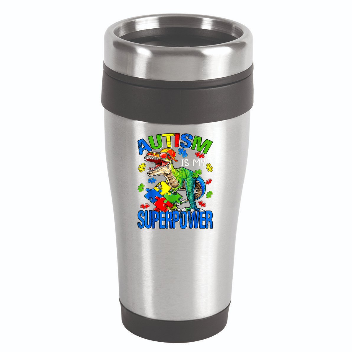 Autism Is My Superpower Autism Awareness Dinosaur 16oz Travel Tumbler