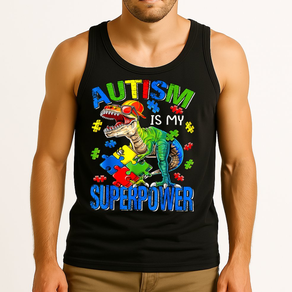 Autism Is My Superpower Autism Awareness Dinosaur Tank Top