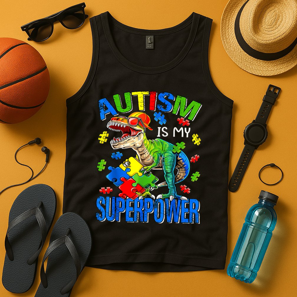 Autism Is My Superpower Autism Awareness Dinosaur Tank Top