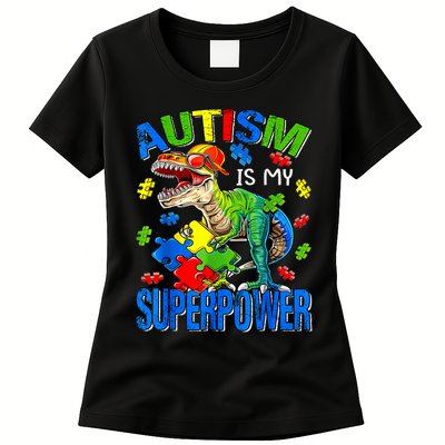 Autism Is My Superpower Autism Awareness Dinosaur Womens T-Shirt