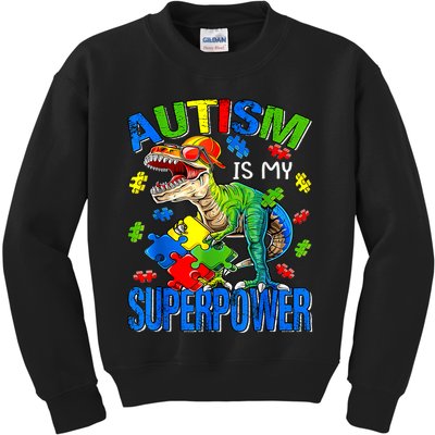 Autism Is My Superpower Autism Awareness Dinosaur Kids Sweatshirt