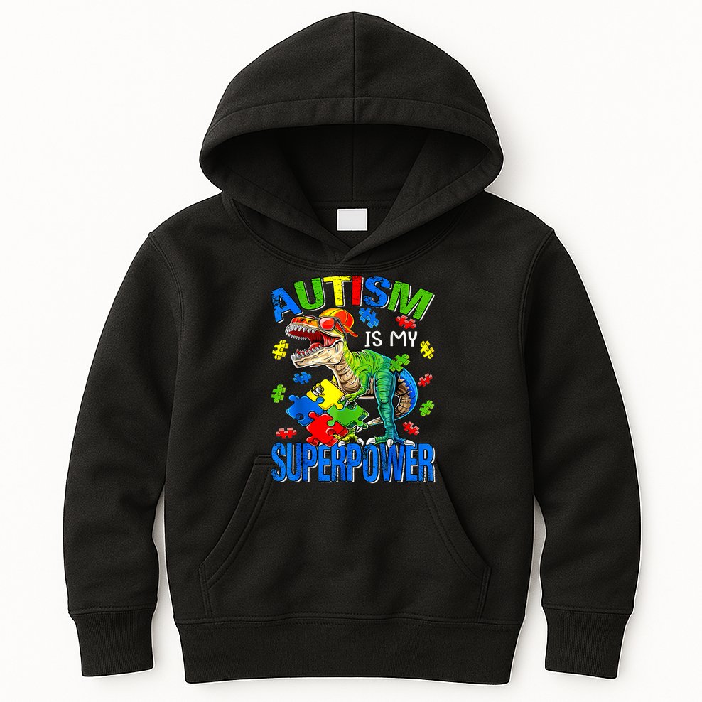 Autism Is My Superpower Autism Awareness Dinosaur Kids Hoodie