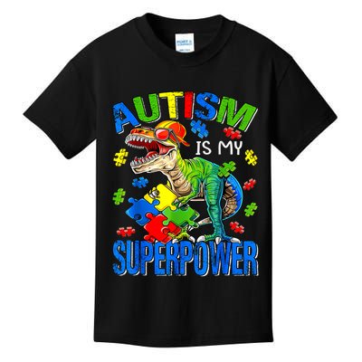 Autism Is My Superpower Autism Awareness Dinosaur Kids T-Shirt