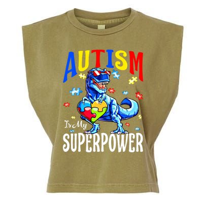 Autism Is My Super Power Autism Awareness Dinosaur Gift Garment-Dyed Women's Muscle Tee