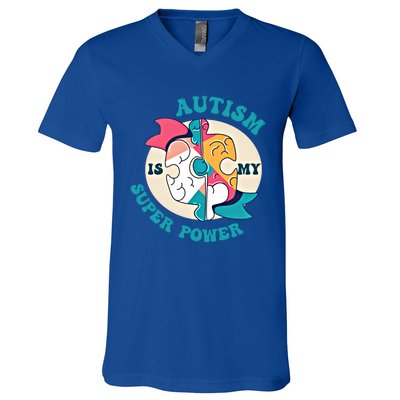 Autism Is My Super Power Awareness Day Month Colorful Puzzle Gift V-Neck T-Shirt