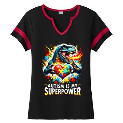 Autism Is My Superpower Puzzle Dinosaur T Rex Autism Month Gift Ladies Halftime Notch Neck Tee