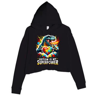 Autism Is My Superpower Puzzle Dinosaur T Rex Autism Month Gift Crop Fleece Hoodie