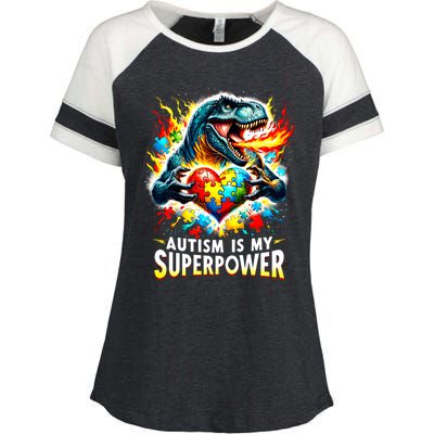 Autism Is My Superpower Puzzle Dinosaur T Rex Autism Month Gift Enza Ladies Jersey Colorblock Tee