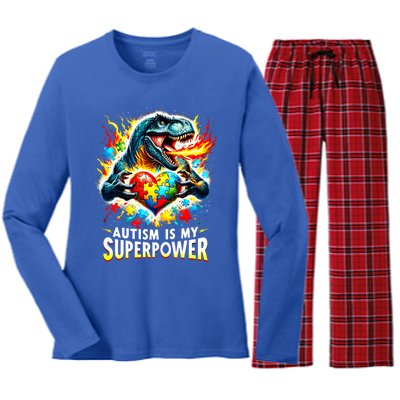 Autism Is My Superpower Puzzle Dinosaur T Rex Autism Month Gift Women's Long Sleeve Flannel Pajama Set 