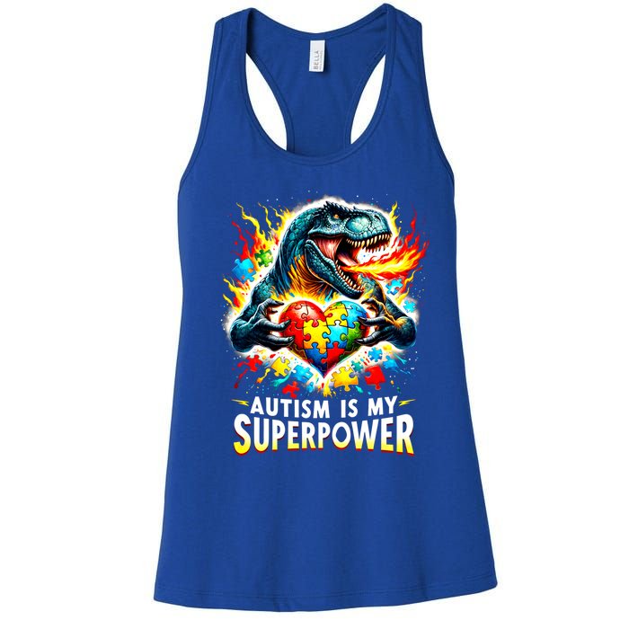 Autism Is My Superpower Puzzle Dinosaur T Rex Autism Month Gift Women's Racerback Tank