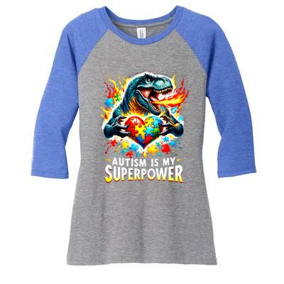 Autism Is My Superpower Puzzle Dinosaur T Rex Autism Month Gift Women's Tri-Blend 3/4-Sleeve Raglan Shirt