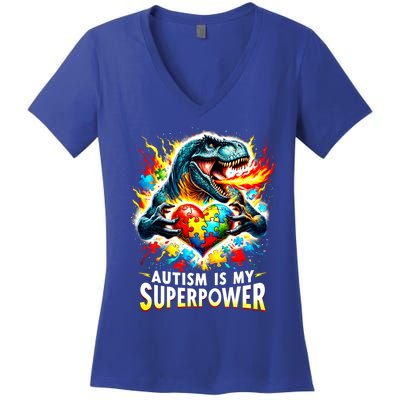 Autism Is My Superpower Puzzle Dinosaur T Rex Autism Month Gift Women's V-Neck T-Shirt