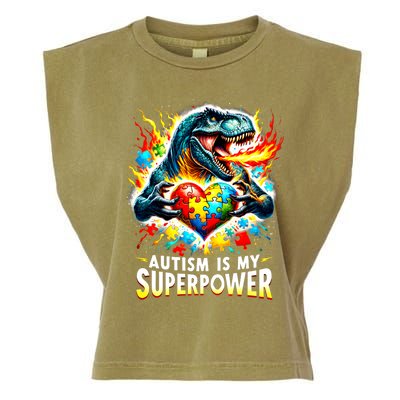 Autism Is My Superpower Puzzle Dinosaur T Rex Autism Month Gift Garment-Dyed Women's Muscle Tee