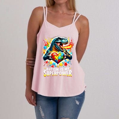 Autism Is My Superpower Puzzle Dinosaur T Rex Autism Month Gift Women's Strappy Tank