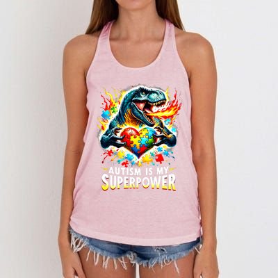 Autism Is My Superpower Puzzle Dinosaur T Rex Autism Month Gift Women's Knotted Racerback Tank