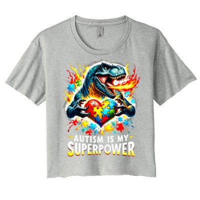 Autism Is My Superpower Puzzle Dinosaur T Rex Autism Month Gift Women's Crop Top Tee