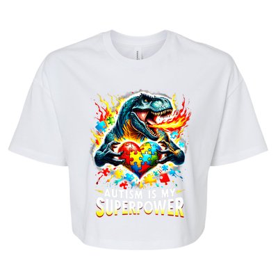 Autism Is My Superpower Puzzle Dinosaur T Rex Autism Month Gift Bella+Canvas Jersey Crop Tee