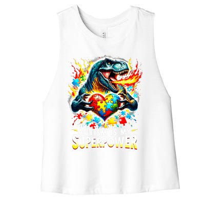 Autism Is My Superpower Puzzle Dinosaur T Rex Autism Month Gift Women's Racerback Cropped Tank