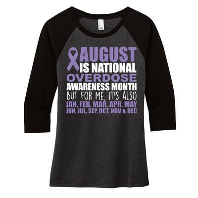 August Is National Overdose Awareness Month Purple Ribbon Women's Tri-Blend 3/4-Sleeve Raglan Shirt