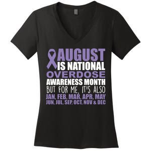 August Is National Overdose Awareness Month Purple Ribbon Women's V-Neck T-Shirt