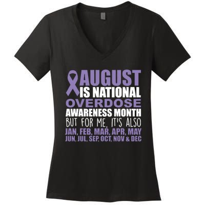 August Is National Overdose Awareness Month Purple Ribbon Women's V-Neck T-Shirt