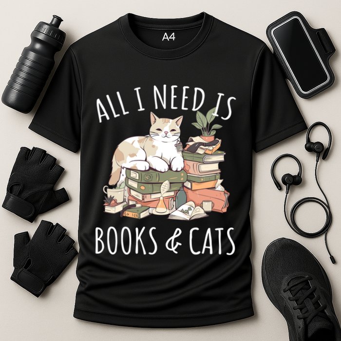 All I Need Is Books & Cats Women Reading Cat Lover Cooling Performance Crew T-Shirt