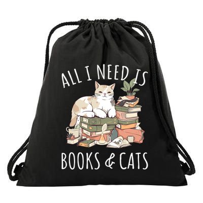 All I Need Is Books & Cats Women Reading Cat Lover Drawstring Bag