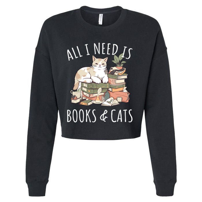 All I Need Is Books & Cats Women Reading Cat Lover Cropped Pullover Crew