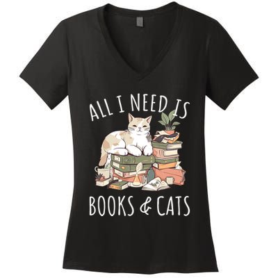 All I Need Is Books & Cats Women Reading Cat Lover Women's V-Neck T-Shirt