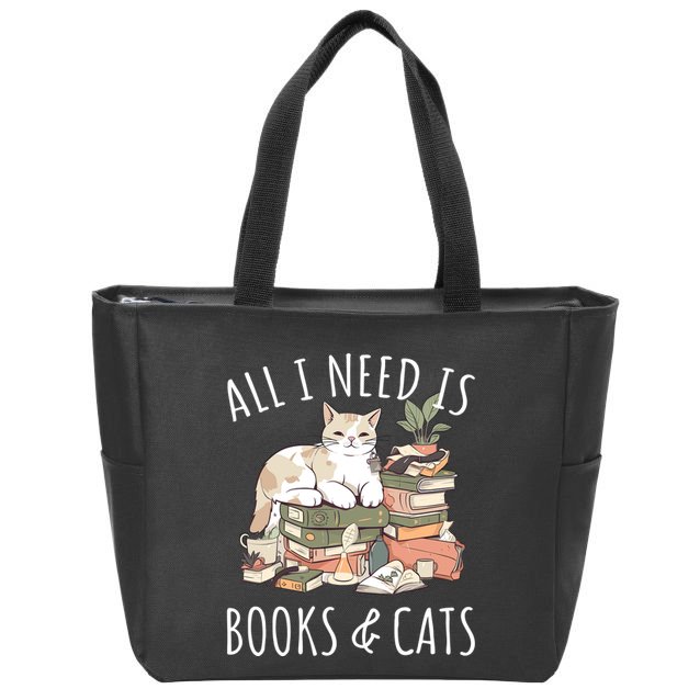 All I Need Is Books & Cats Women Reading Cat Lover Zip Tote Bag