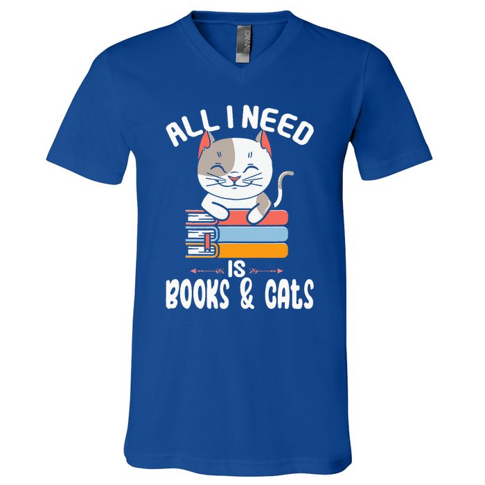 All I Need Is Books And Cats Cat Lover Kitten Reading V-Neck T-Shirt