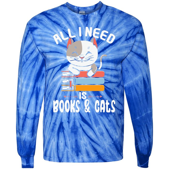 All I Need Is Books And Cats Cat Lover Kitten Reading Tie-Dye Long Sleeve Shirt