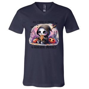 All I Need Is Pizza And Horror Movies Cute Skeleton Happy V-Neck T-Shirt