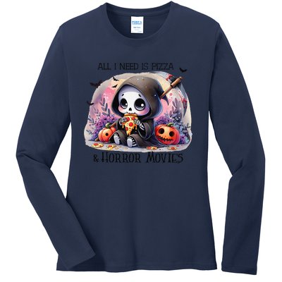 All I Need Is Pizza And Horror Movies Cute Skeleton Happy Ladies Long Sleeve Shirt