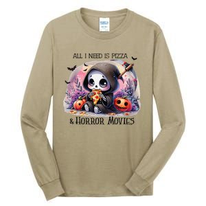 All I Need Is Pizza And Horror Movies Cute Skeleton Happy Tall Long Sleeve T-Shirt