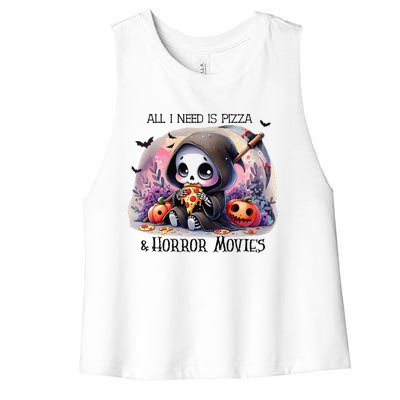 All I Need Is Pizza And Horror Movies Cute Skeleton Happy Women's Racerback Cropped Tank