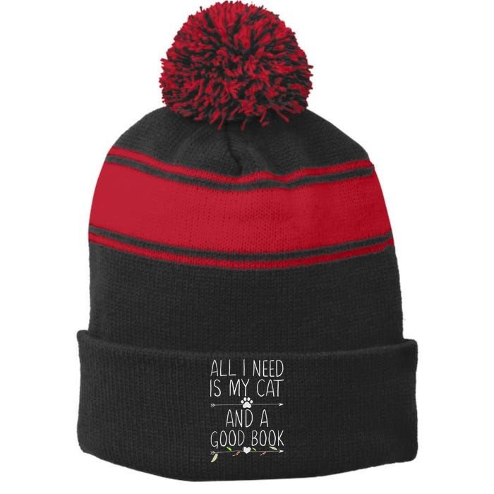 All I Need Is My Cat And A Good Book Stripe Pom Pom Beanie