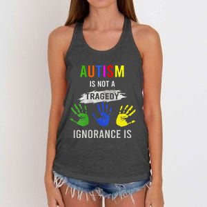 Autism Is Not A Tragedy Ignorance Is Funny Autism Women's Knotted Racerback Tank