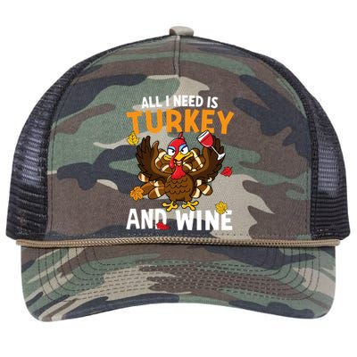 All I Need Is Turkey And Wine Autumn Fall Retro Thanksgiving Gift Retro Rope Trucker Hat Cap