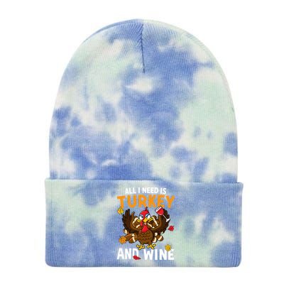 All I Need Is Turkey And Wine Autumn Fall Retro Thanksgiving Gift Tie Dye 12in Knit Beanie